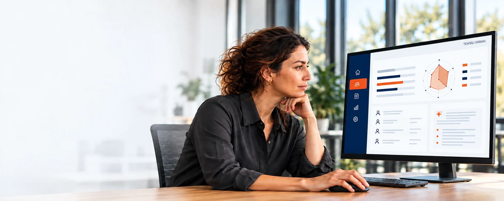 A specialist in a modern office reviewing an illustrative AI-supported assessment screen on a computer.